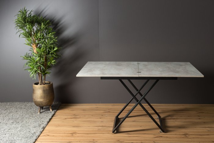 Стол-трансформер Accord цвета бетон с черными опорами - лучшие Обеденные столы в INMYROOM