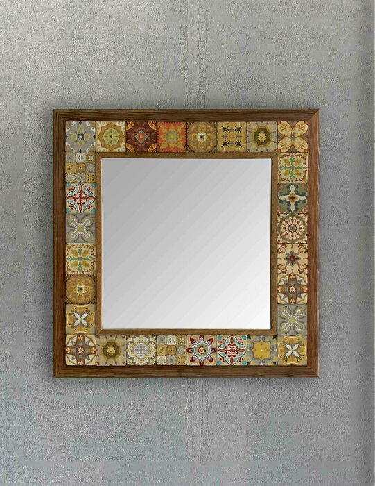 Настенное зеркало с каменной мозаикой 43x43 бежево-коричневого цвета - купить Настенные зеркала по цене 16871.0