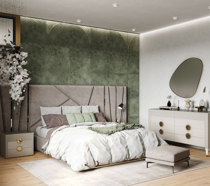Кровать Afsana 160х200 светло-серого цвета с золотыми молдингами и подъемным механизмом - лучшие Кровати для спальни в INMYROOM
