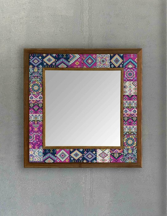 Настенное зеркало 43x43 с каменной мозаикой сине-розового цвета - купить Настенные зеркала по цене 16871.0