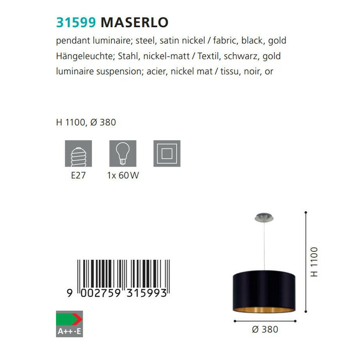 Подвесной светильник Maserlo черного цвета - лучшие Подвесные светильники в INMYROOM
