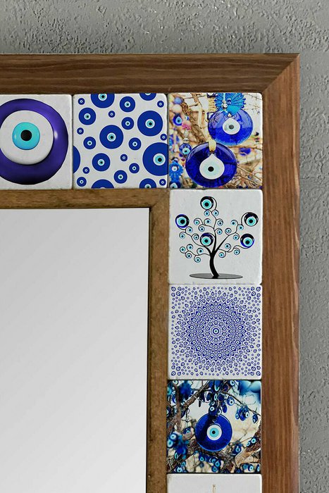Настенное зеркало с каменной мозаикой 43x43 бело-синего цвета  - лучшие Настенные зеркала в INMYROOM