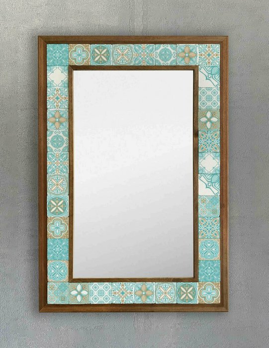 Настенное зеркало 43х63 с каменной мозаикой бирюзово-белого цвета - купить Настенные зеркала по цене 22495.0