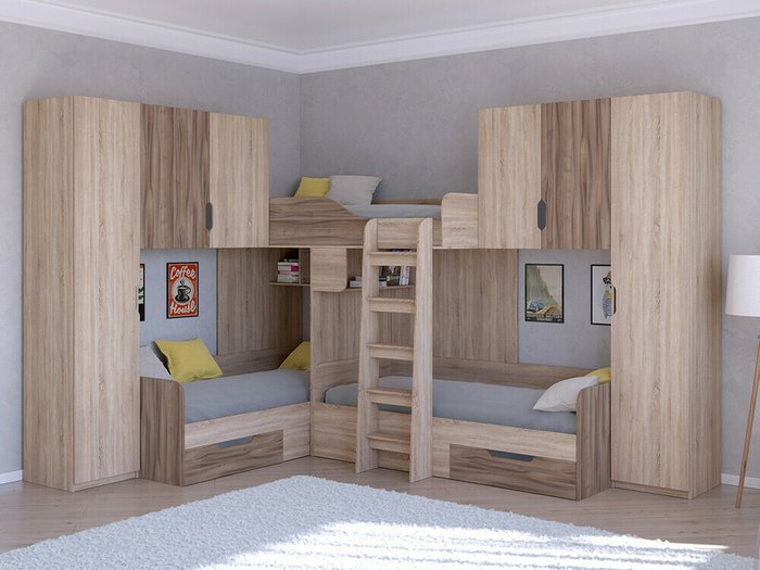 Двухъярусная кровать Трио 3 80х190 цвета Дуб Сонома-Орех - купить Двухъярусные кроватки по цене 58400.0