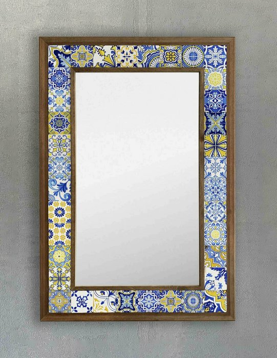 Настенное зеркало 43х63 с каменной мозаикой сине-желтого цвета - купить Настенные зеркала по цене 22495.0