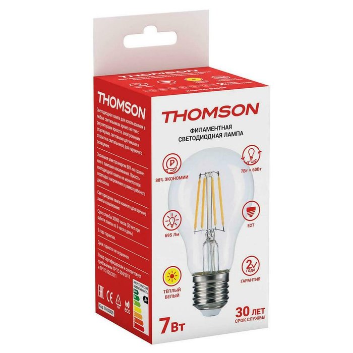 Лампа светодиодная филаментная Thomson E27 7W 2700K груша прозрачная TH-B2059 - купить Лампочки по цене 254.0