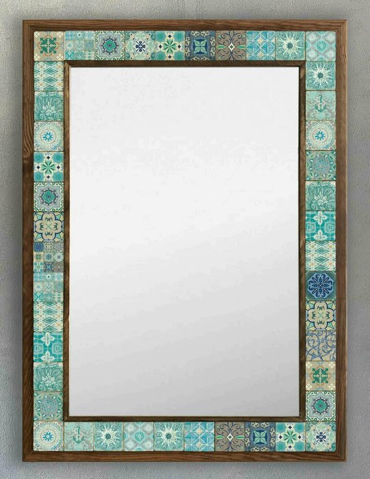 Настенное зеркало с каменной мозаикой 53x73 коричнево-бирюзового цвета - купить Настенные зеркала по цене 27866.0
