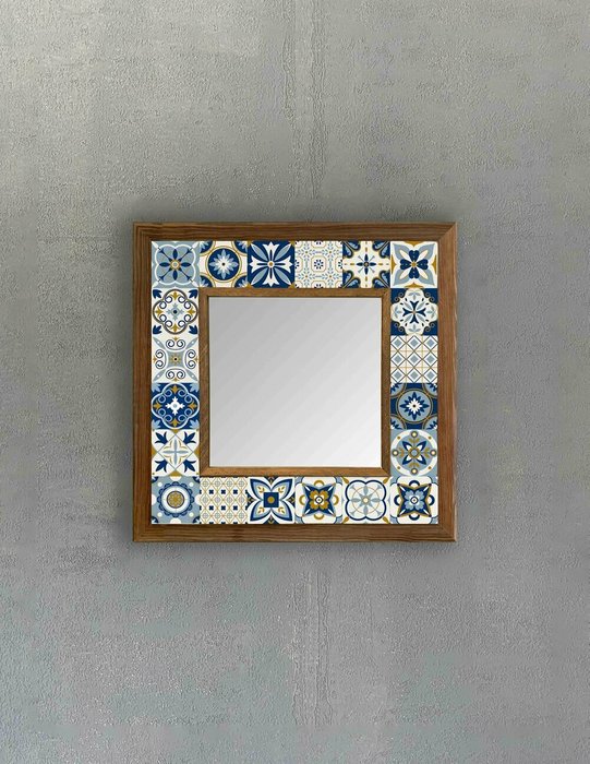 Настенное зеркало 33х33 с каменной мозаикой сине-белого цвета - купить Настенные зеркала по цене 9840.0