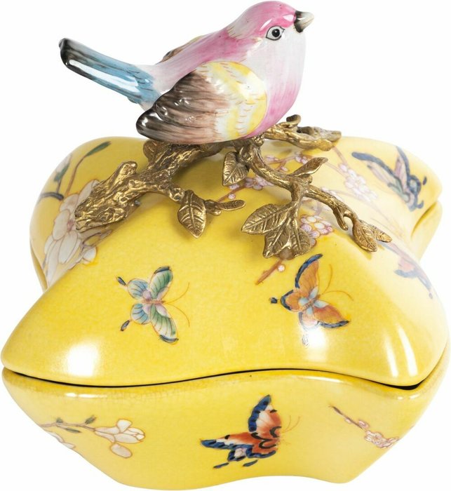 Шкатулка с птичкой из фарфора желтого цвета