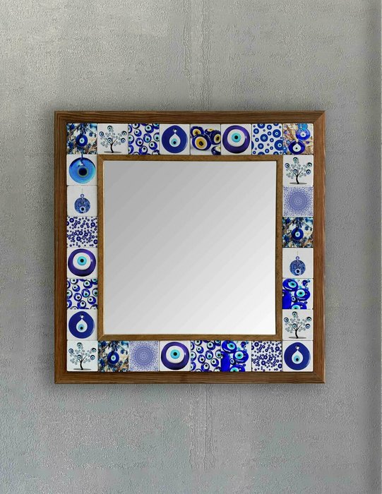 Настенное зеркало с каменной мозаикой 43x43 бело-синего цвета  - купить Настенные зеркала по цене 16871.0