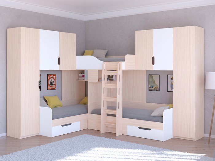 Двухъярусная кровать Трио 3 80х190 цвета Дуб молочный-белый - купить Двухъярусные кроватки по цене 58400.0
