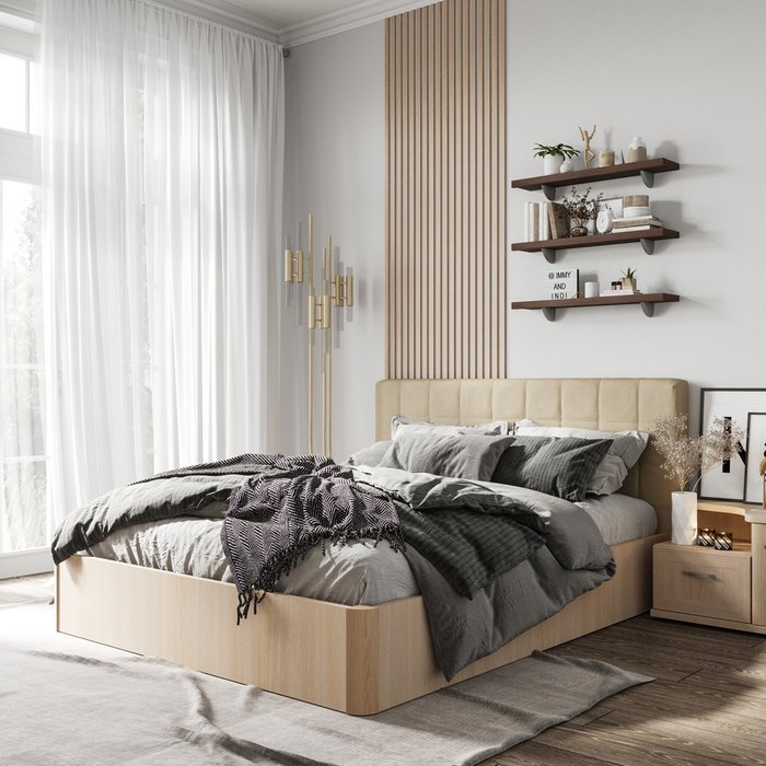 Кровать Магна 140х200 с бежевым изголовьем и подъемным механизмом  - лучшие Кровати для спальни в INMYROOM