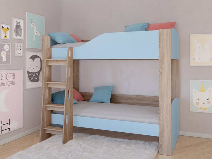 Двухъярусная кровать Астра-2 80х190 цвета Дуб сонома-Голубой - купить Двухъярусные кроватки по цене 18600.0