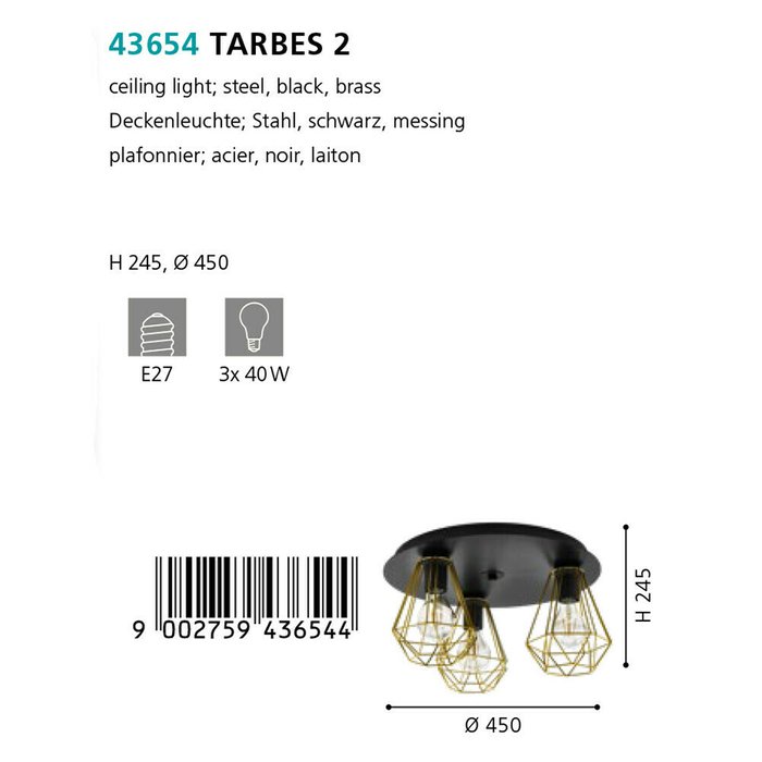 Потолочная люстра Tarbes 2 черно-латунного цвета - лучшие Потолочные люстры в INMYROOM