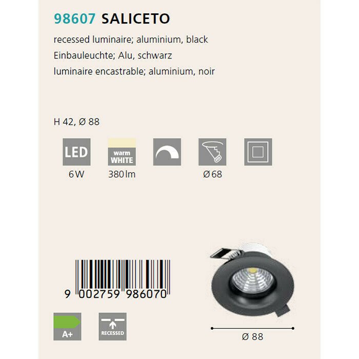 Светильник точечный Saliceto черного цвета - купить Встраиваемые споты по цене 2190.0