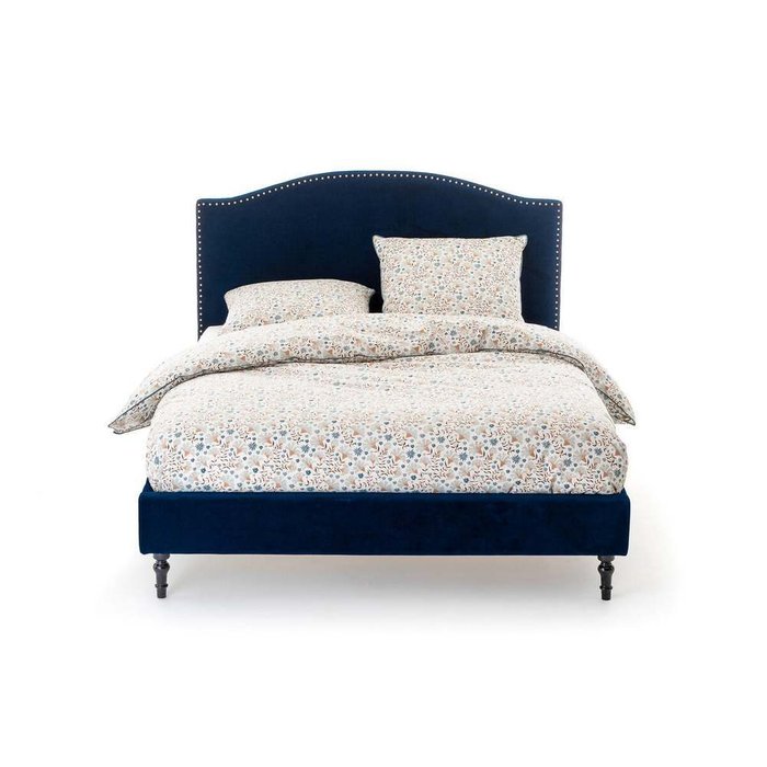 Кровать из велюра с отделкой заклепками с кроватным основанием Andante 140х190 синего цвета - купить Кровати для спальни по цене 30501.0
