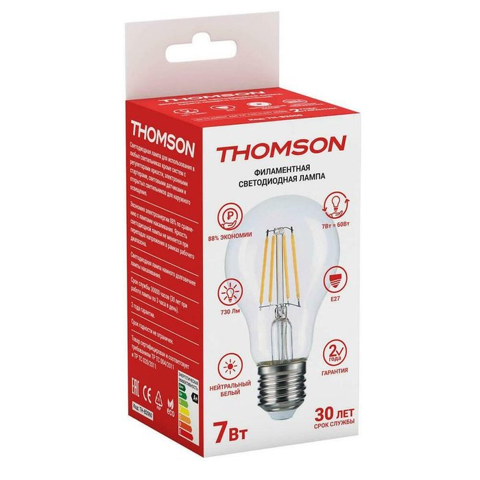 Лампа светодиодная филаментная Thomson E27 7W 4500K грушевидной формы - купить Лампочки по цене 260.0