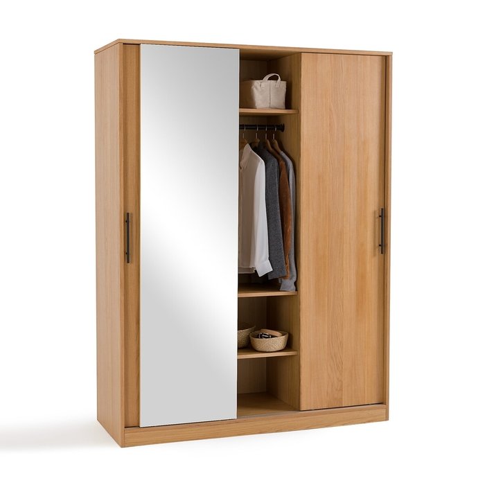 Шкаф с тремя раздвижными дверками и зеркалом Milo бежевого цвета