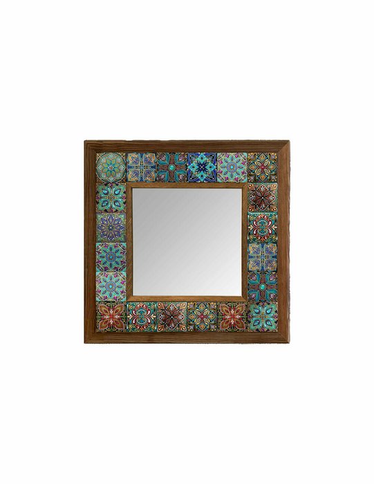Настенное зеркало 33x33 с каменной мозаикой бирюзово-голубого цвета