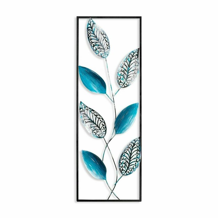 Настенный декор ручной работы Листья 32х90 из металла черно-голубого цвета