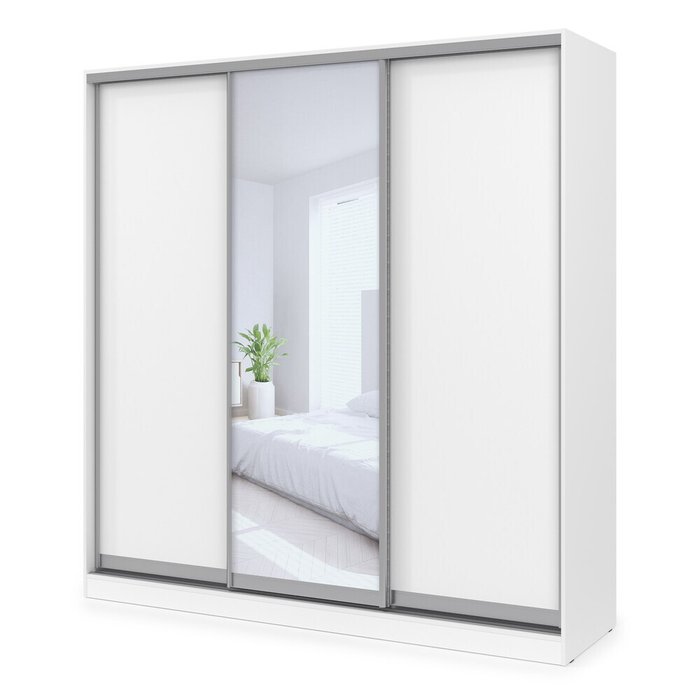 Comfort 21.5 Трехдверный шкаф-купе с зеркалом, комбинированное наполнение с ящиками, ЛДСП, белый, 210×60×220 см