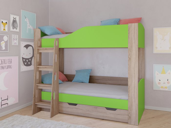 Двухъярусная кровать Астра-2 80х190 цвета Дуб сонома-Салатовый - купить Двухъярусные кроватки по цене 23100.0