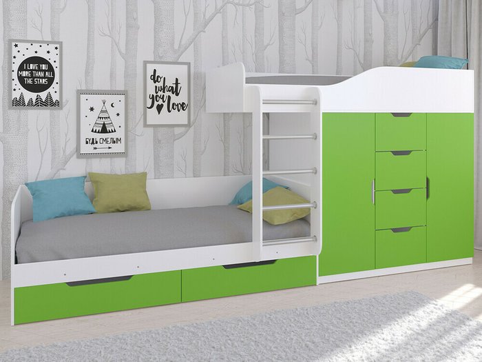 Двухъярусная кровать Астра 6 80х190 бело-салатового цвета - купить Двухъярусные кроватки по цене 38400.0