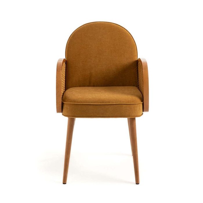 Кресло столовое из велюра и плетеного ротанга Buisseau темно-желтого цвета - купить Обеденные стулья по цене 37225.0