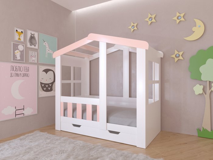 Кроватка Астра Домик 80х160 бело-розового цвета - купить Одноярусные кроватки по цене 22800.0