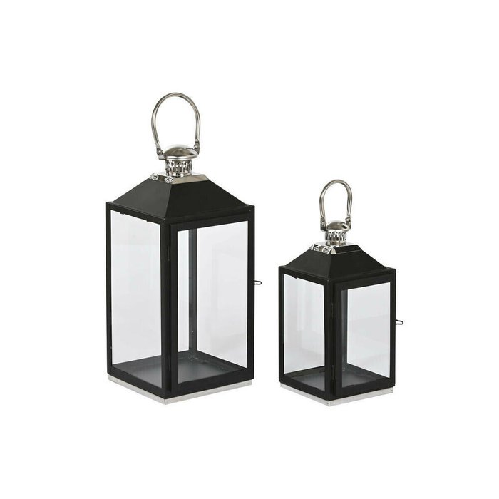Фонарь Home ESPRIT Чёрный Серебристый Стеклянный Сталь 18 x 18 x 41 cm (2 Предметы)