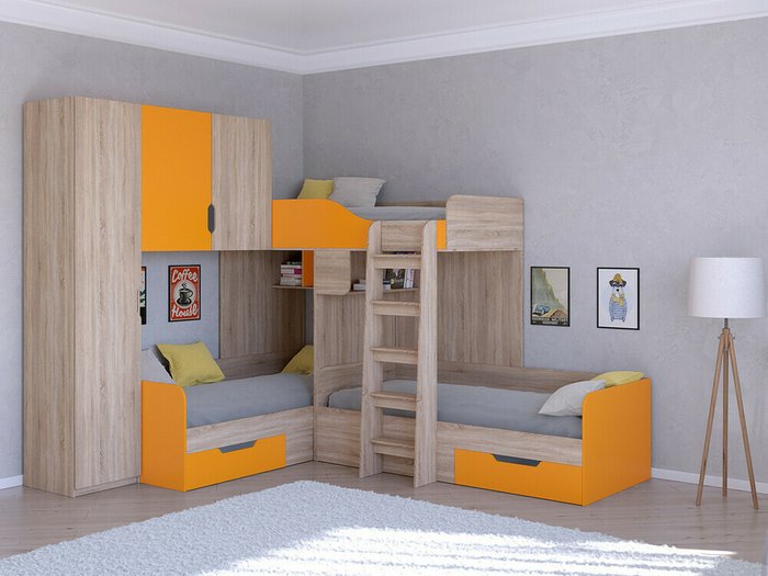 Двухъярусная кровать Трио 1 80х190 цвета Дуб Сонома-оранжевый - купить Двухъярусные кроватки по цене 45400.0