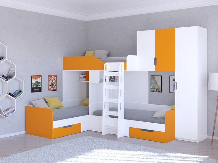 Двухъярусная кровать Трио 2 80х190 бело-оранжевого цвета - купить Двухъярусные кроватки по цене 45400.0
