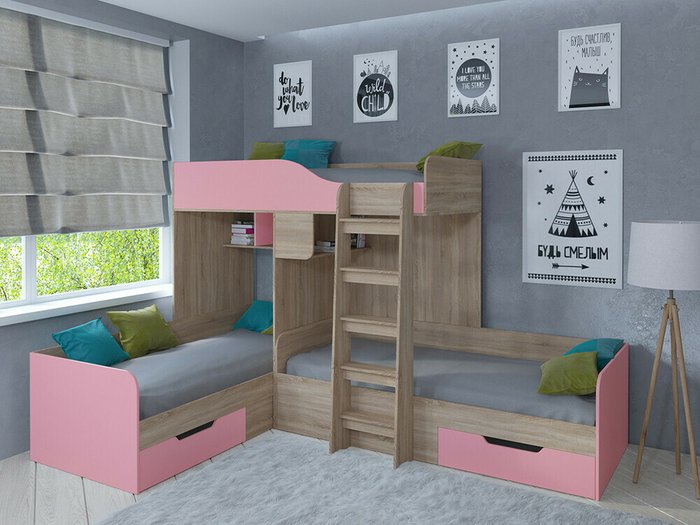 Двухъярусная кровать Трио 80х190 цвета Дуб Сонома-розовый - купить Двухъярусные кроватки по цене 32400.0