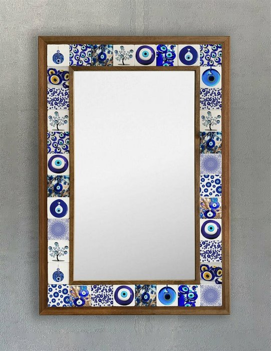 Настенное зеркало с каменной мозаикой 43x63 бело-синего цвета  - купить Настенные зеркала по цене 22495.0