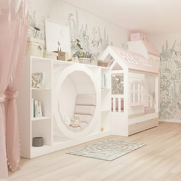 Кровать Кошкин дом 90х180 бело-розового цвета с лестницей слева - лучшие Двухъярусные кроватки в INMYROOM