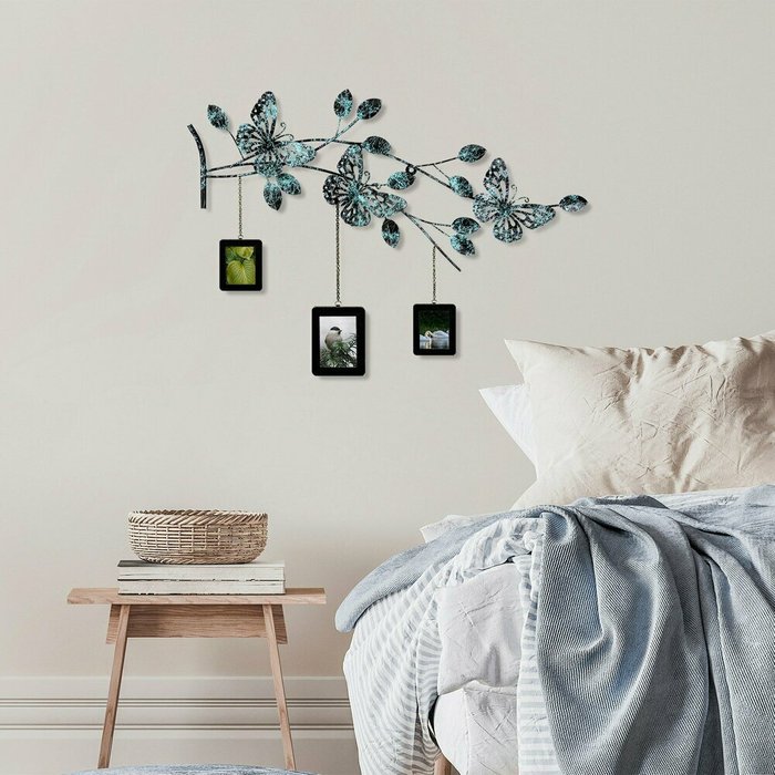 Настенный декор ручной работы Бабочки 65х93 из металла черно-голубого цвета - лучшие Декор стен в INMYROOM