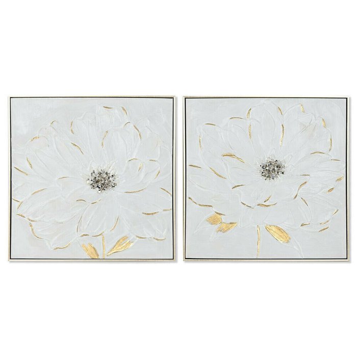 Картина Белый Позолоченный полистирол Полотно Цветок Shabby Chic 62 x 4,5 x 62 cm (2 штук)