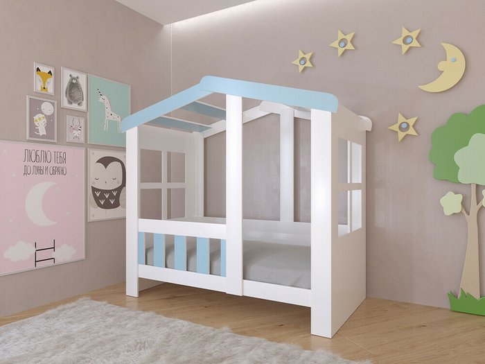 Кроватка Астра Домик 80х160 бело-голубого цвета  - купить Одноярусные кроватки по цене 16630.0