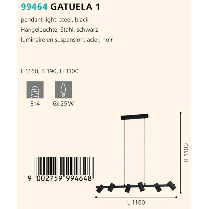 Подвесная люстра Eglo Gatuela 1 99464 - купить Подвесные люстры по цене 26390.0