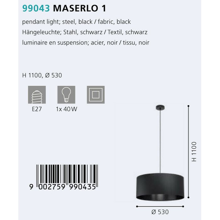 Подвесной светильник Maserlo черного цвета - купить Подвесные светильники по цене 16190.0