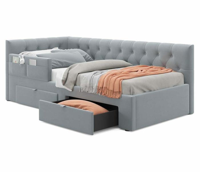 Кровать Afelia 90х200 серого цвета с двумя ящиками и бортиком