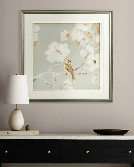 Постер в раме Birds and flowers–I 80х80 в раме серебряного цвета - лучшие Картины в INMYROOM