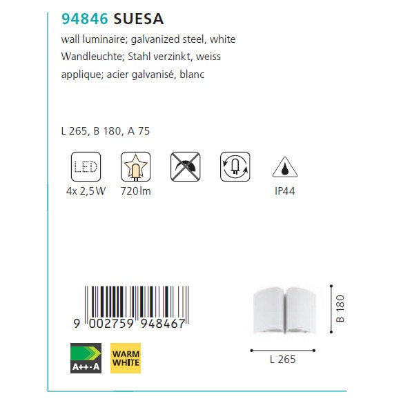 Уличный настенный светильник Suesa белого цвета - купить Настенные уличные светильники по цене 990.0