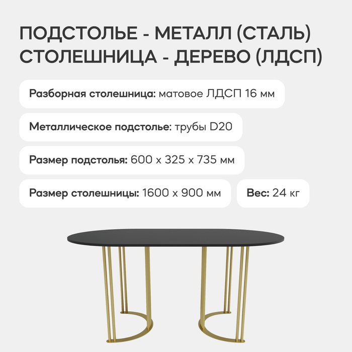 Обеденный стол Violur 160 с металлическим золотым подстольем и черной столешницей - лучшие Обеденные столы в INMYROOM