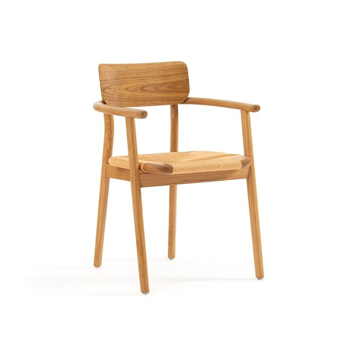 Кресло для столовой из массива дуба и плетеного материала Pipo бежевого цвета