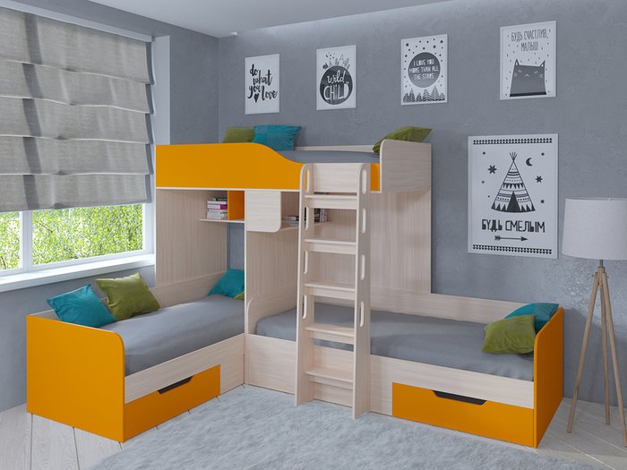 Двухъярусная кровать Трио 80х190 цвета Дуб молочный-оранжевый - купить Двухъярусные кроватки по цене 32400.0