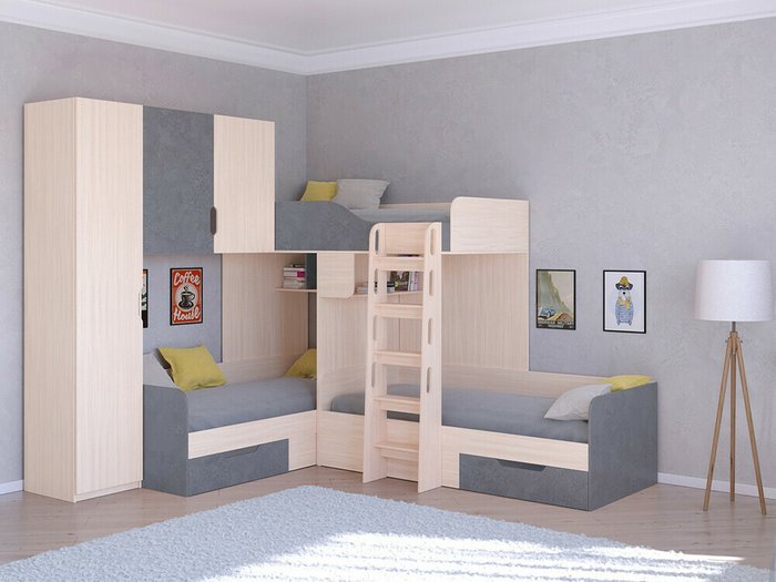 Двухъярусная кровать Трио 1 80х190 цвета Дуб молочный-Железный камень - купить Двухъярусные кроватки по цене 45400.0