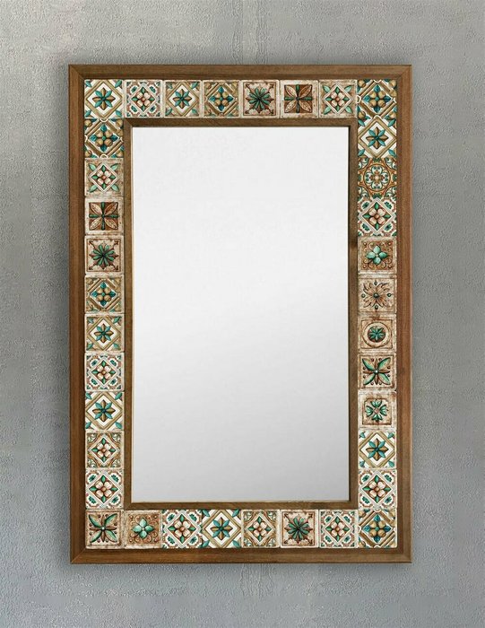 Настенное зеркало 43x63 с каменной мозаикой бежево-зеленого цвета - купить Настенные зеркала по цене 22495.0