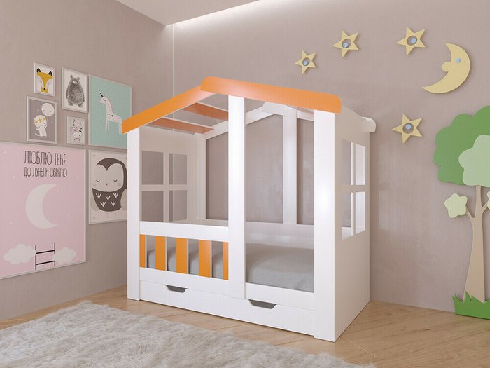 Кроватка Астра Домик 80х160 бело-оранжевого цвета - купить Одноярусные кроватки по цене 19930.0