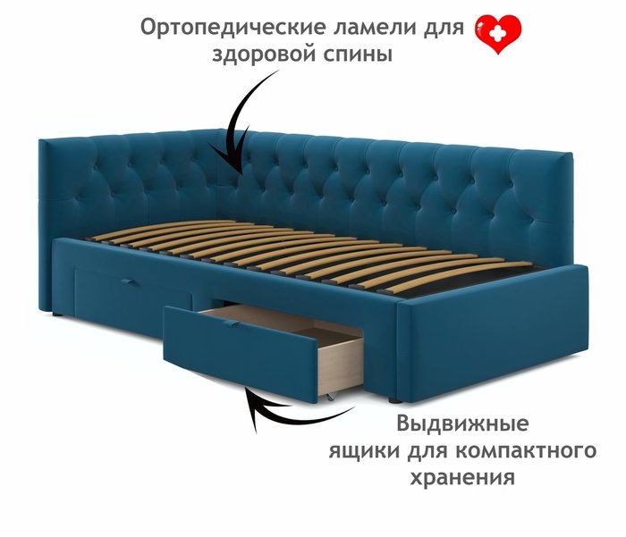 Кровать-тахта Afelia с ящиками 90х200 синего цвета без подъемного механизма - купить Одноярусные кроватки по цене 30000.0